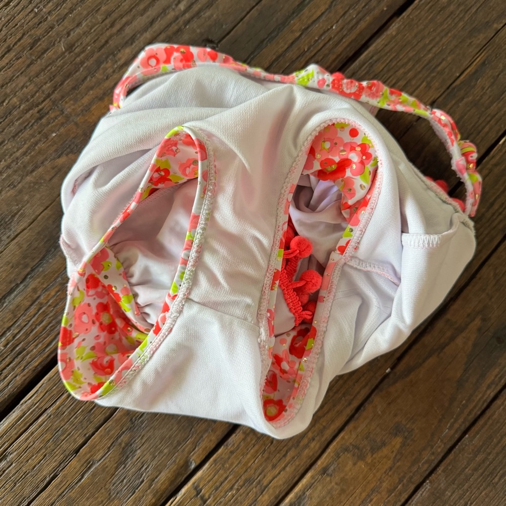 Nicole Miller Girls Floral Pom-Pom Ruffle One-Piece Swimsuit - Pink Size 5 - Picture 6 of 7